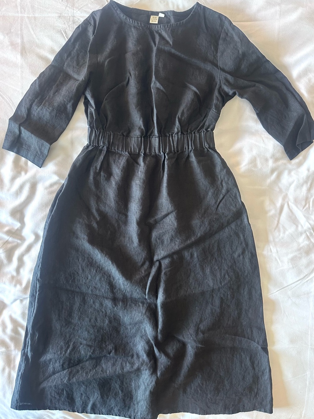 Old Linen Mill Black Elastic Waist Midi Dress 3/4 sleeve Pockets Like New S/M